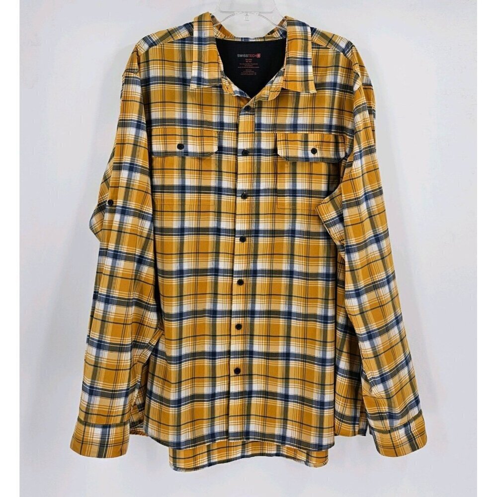 Swiss Tech Mens Sz 3XL Yellow Blue Plaid Button Front Long Sleeve Shirt